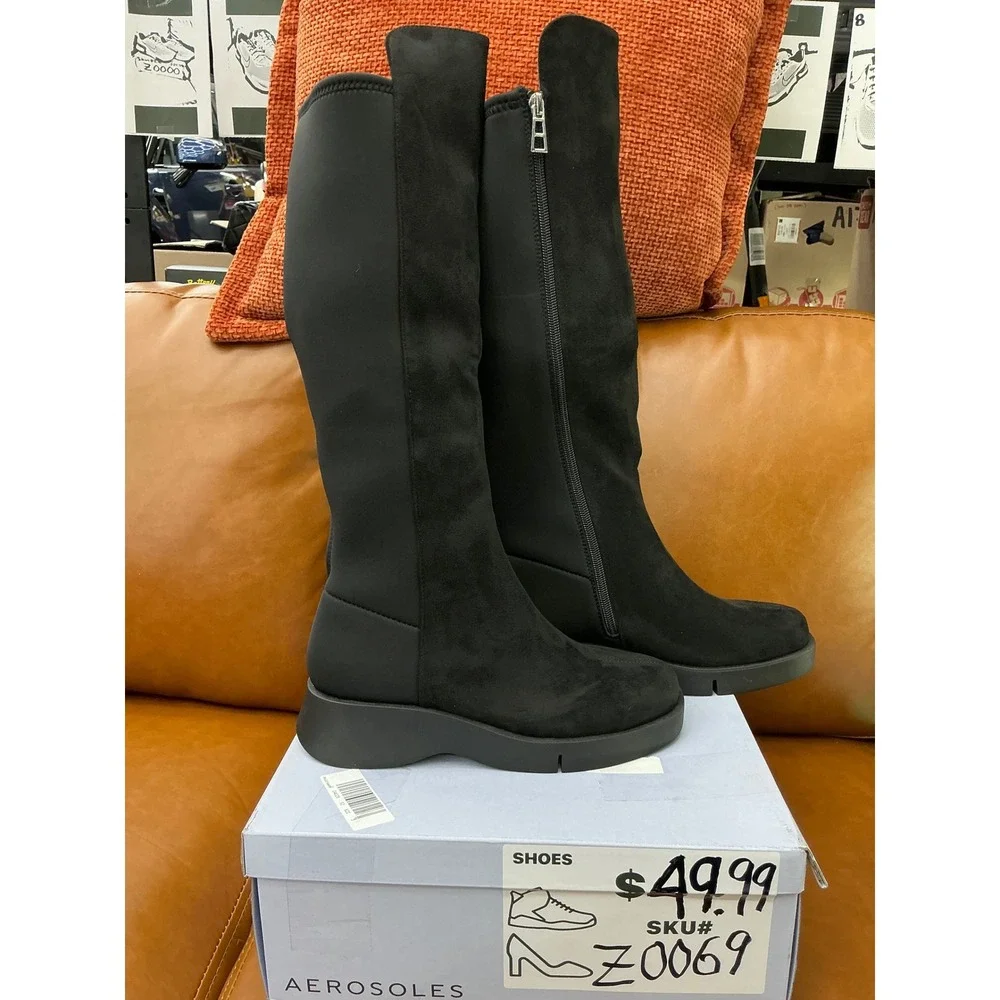 Aerosoles Flavia Tall Boots Womens 6.5 Black Excellent Faux Suede Wedge Platform